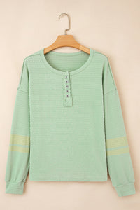 Sage Drop Shoulder Stripe Sleeve Textured Henley Top