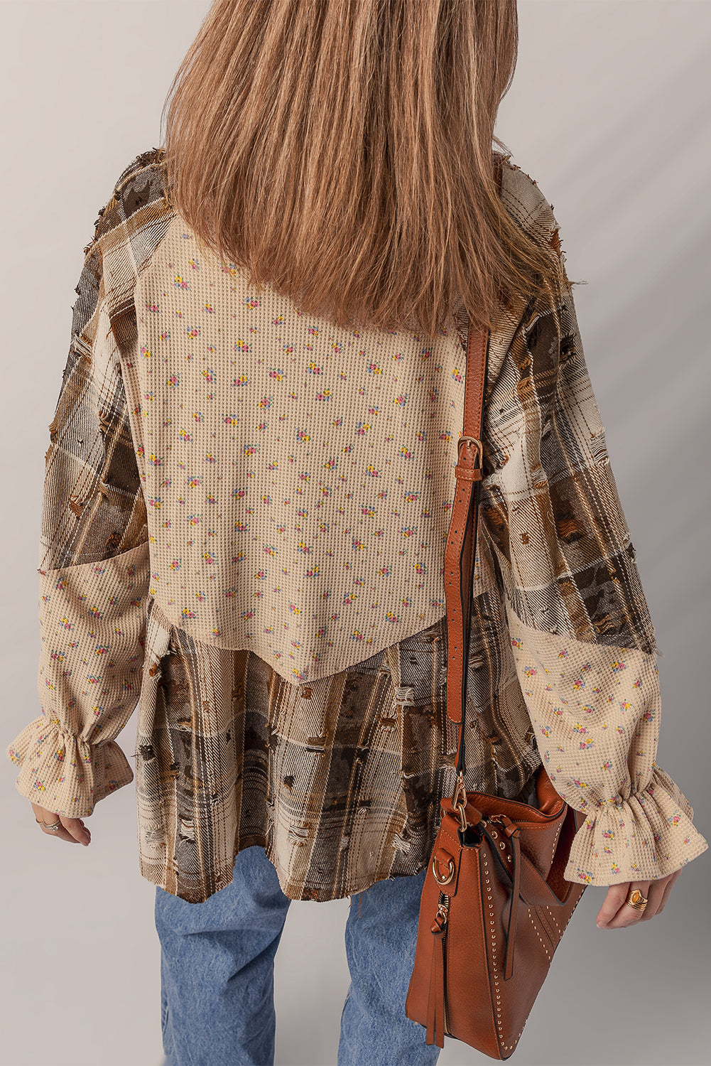 Brown and Beige Mini Floral Plaid Patchwork Distressed Ruffly Waffle Knit Shacket
