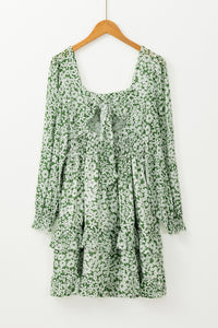 Green Floral Print Square Neck Shirred Waist Tiered Ruffled Mini Dress