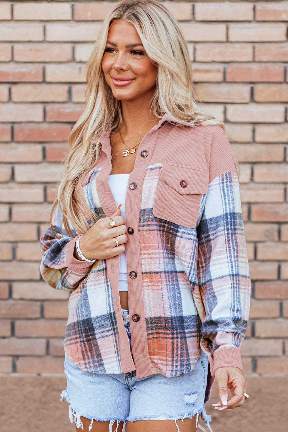 Light Pink & Blue Plaid Corduroy Color-block Chest Pockets Heavyweight Button-down Shirt