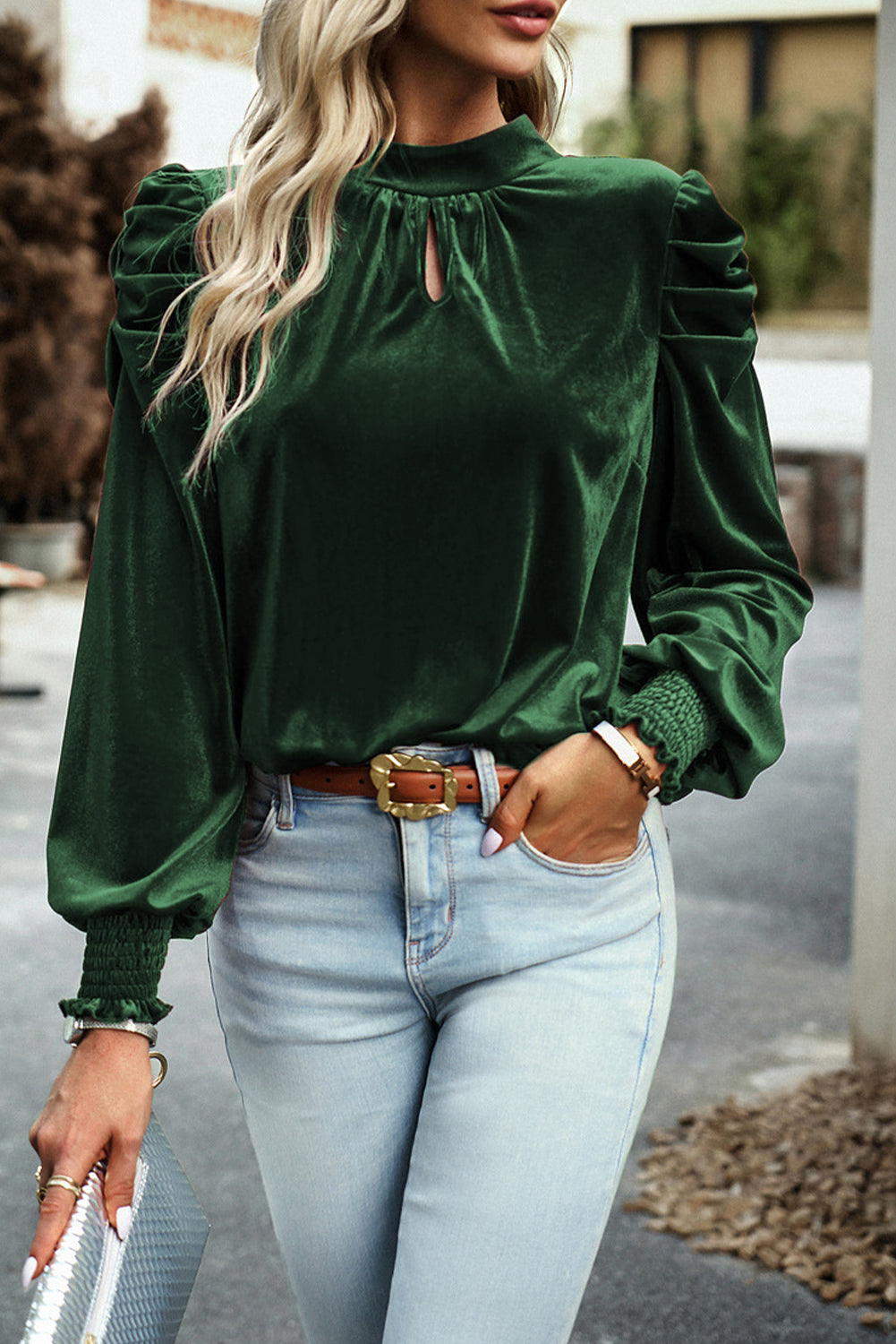 Emerald Green Tie Back Neck Ruffled Sleeve Velour Blouse