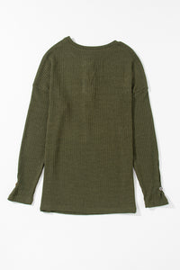 Dark Olive Rib Textured Henley Knit Top