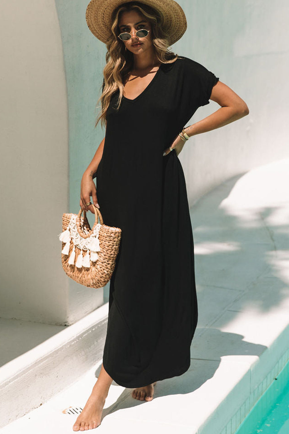 Black V-neck Side Split Maxi T-shirt Dress with Pockets