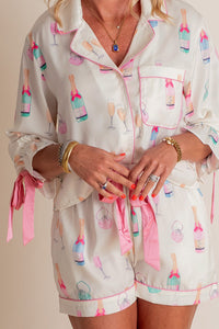 Plus Size Wine Glass Print Pink Bow Tie Shorts Pajama Set