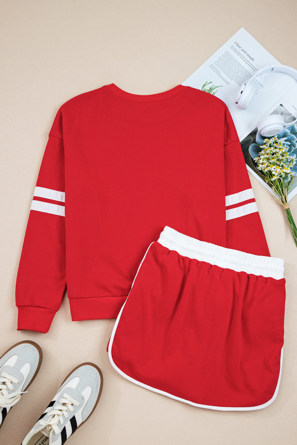 Varsity Stripe Detail Drop Shoulder Pullover Mini Skort Set