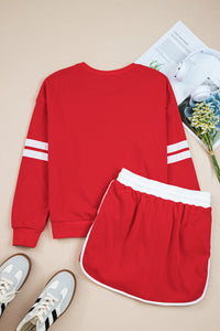 Varsity Stripe Detail Drop Shoulder Pullover Mini Skort Set