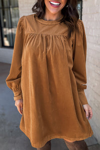 Golden Brown Corduroy Pleated Puff Sleeve Shift Dress