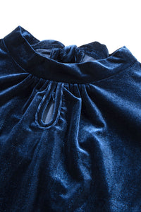 Navy Tie Back Neck Ruffled Sleeve Velour Blouse