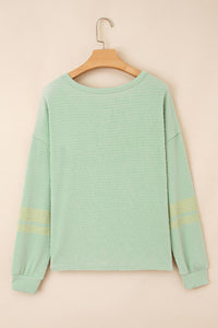 Sage Drop Shoulder Stripe Sleeve Textured Henley Top