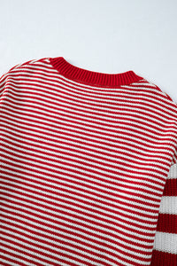 Red Stripe Long Sleeve Geometric Textured Knit Sweater