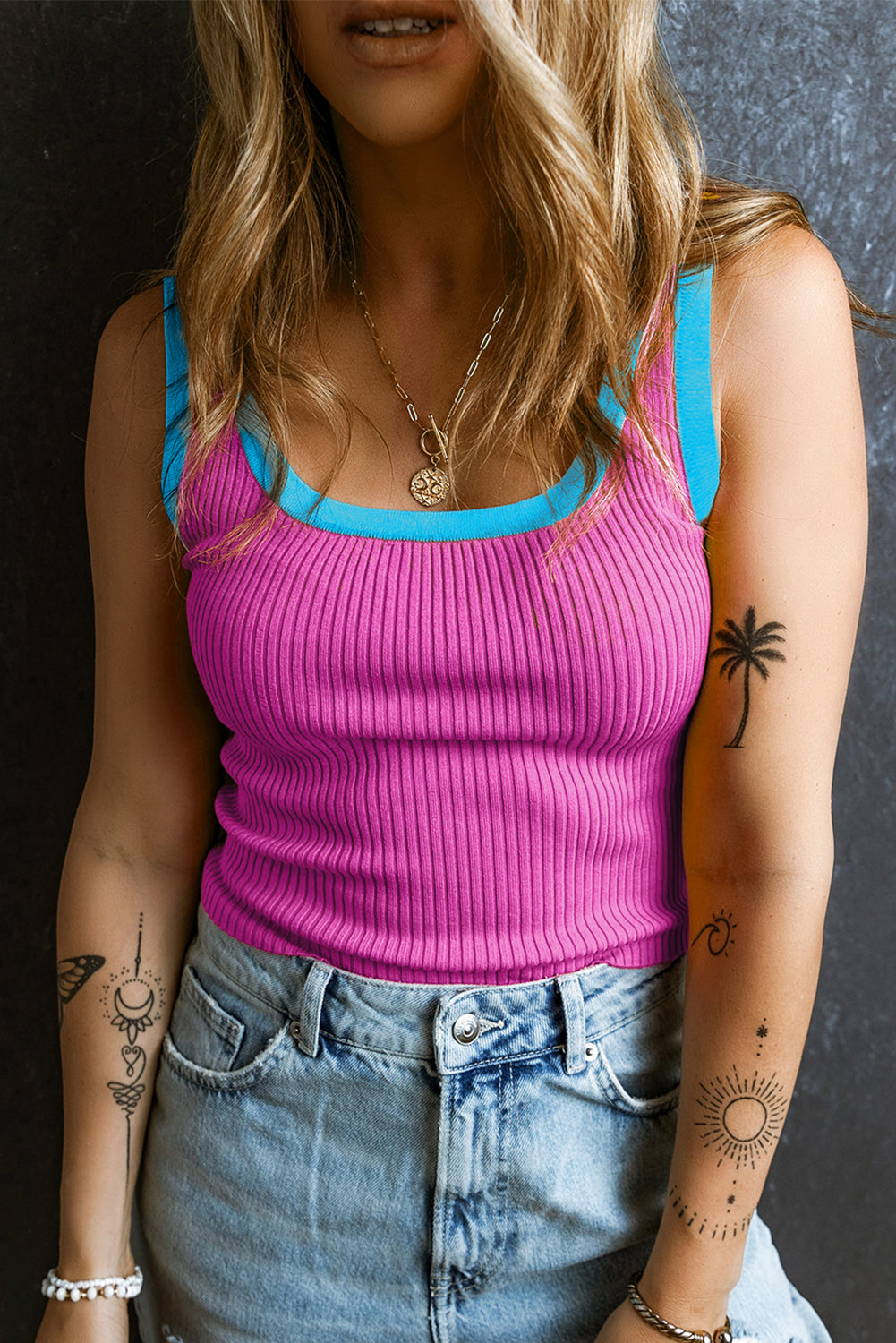 Bright Pink and Aqua Trim Ribbed Knit U-Neck Tank Top