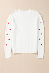 White with Red Hearts Drop Shoulder Round Neck Sweater