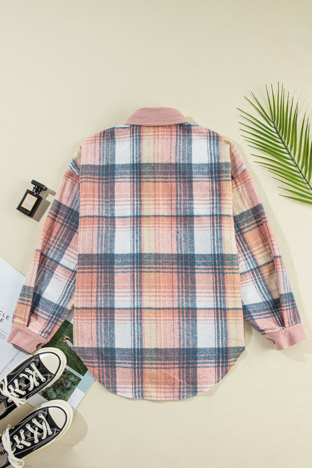 Light Pink & Blue Plaid Corduroy Color-block Chest Pockets Heavyweight Button-down Shirt