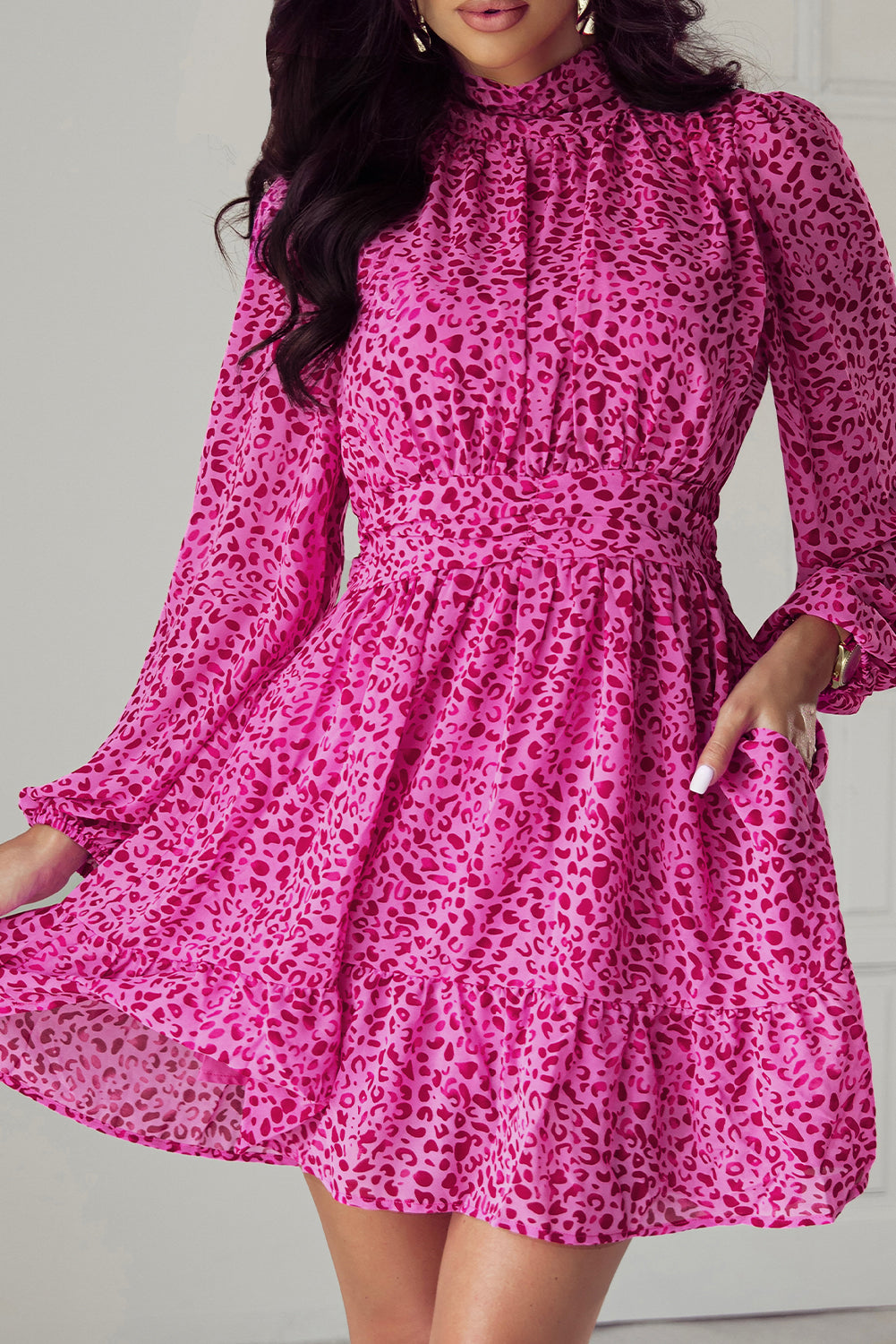 Dark Pink Leopard Long Sleeve High Neck Tie Back Ruffled Dress