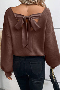 Coffee Lantern Sleeve V-Neck Open Tie Back Sweater