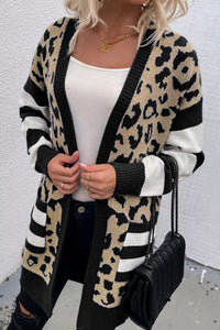 Stripe Sleeve Leopard Print Color Block Open Front Cardigan With Pockets