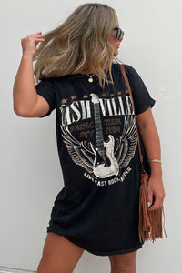 Black Nashville Guitar Print Crew Neck T-Shirt Mini Dress