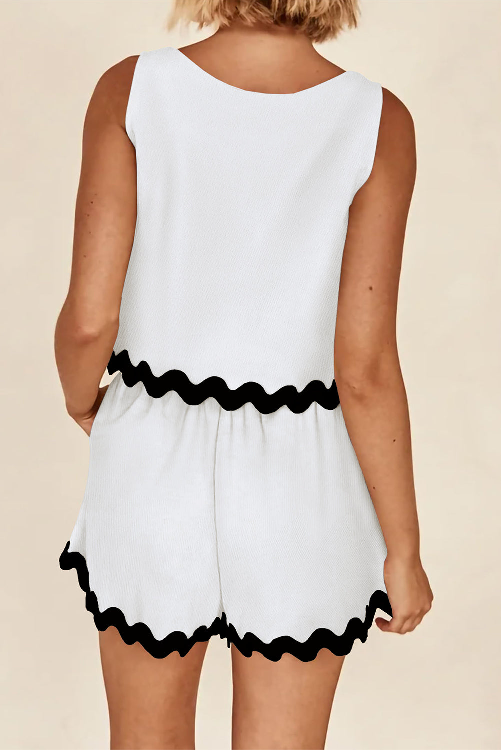 Black Ric-Rac Hemmed White Tank Top and Elastic Waist Shorts Set