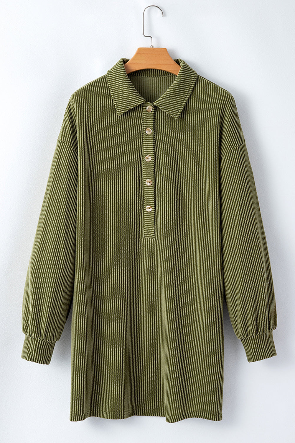 Moss Green Corded Button Down Collared Shift Dress