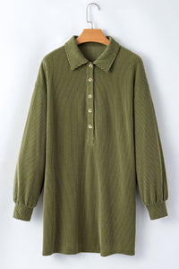 Moss Green Corded Button Down Collared Shift Dress