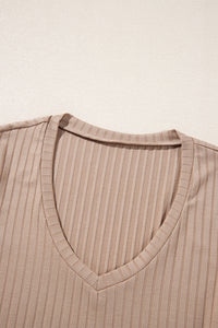 Beige Ribbed Knit V-Neck Long Sleeve Slim Fit Top