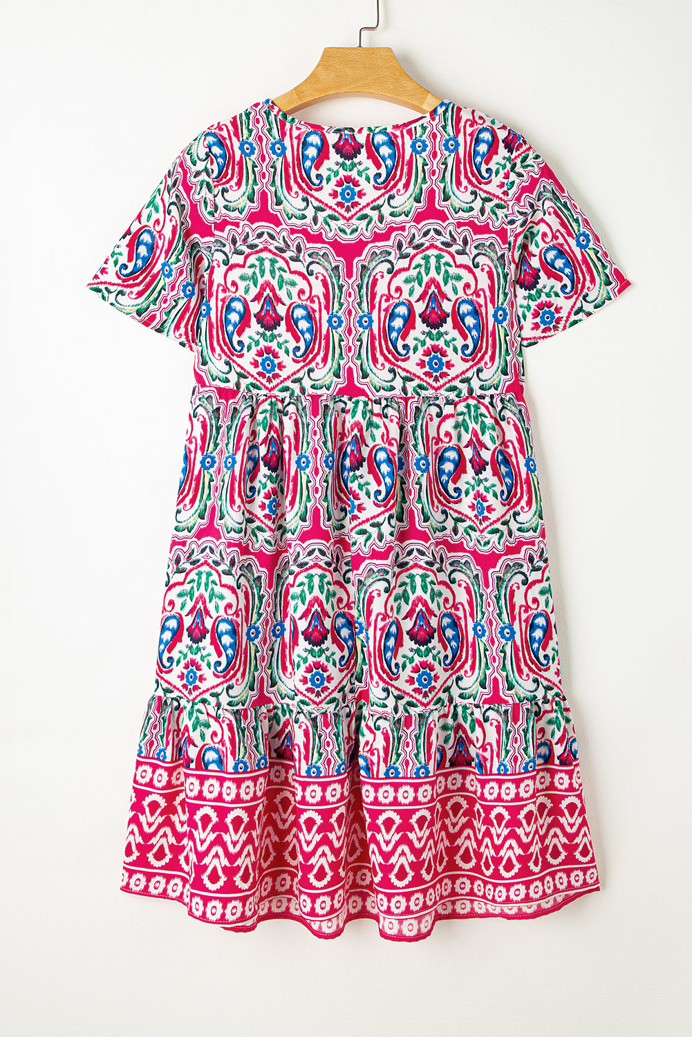 Fuchsia Pink Bohemian Print Tie Neck Ruffled Mini Dress