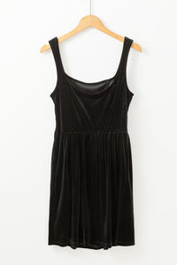 Black Velour Square Neck High Waist Mini Tank Dress with Pockets