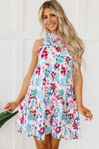 Pink and Blue Floral Tiered A-Line Mini Dress