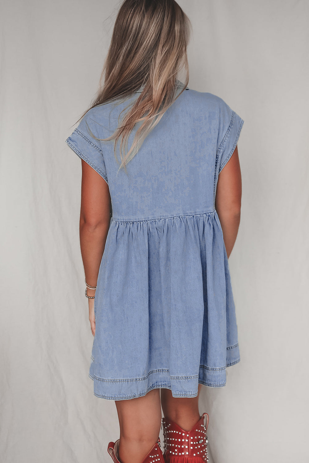 Light Wash Cap Sleeve High Waist Denim Babydoll Dress