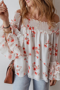 White and Orange Floral Print Shirred Off Shoulder Ruffled Sleeve Blouse