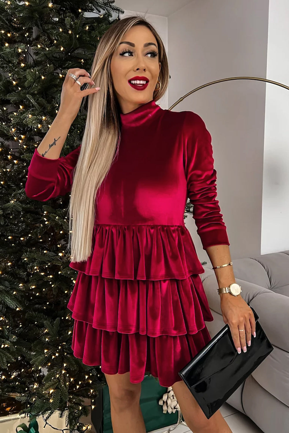 Red Velvet Mock Neck Tiered Ruffle Mini Dress