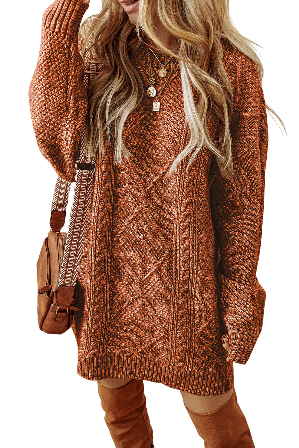 Rustic Fall Drop Shoulder Loose Fit Cable Knit Sweater Dress