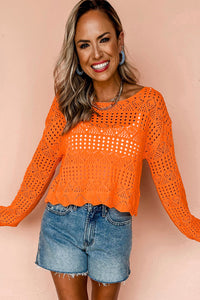 Orange Open Crochet Scallop Edge Long Sleeve Sweater