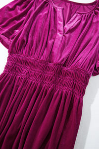 Magenta Velour Short Sleeve Shirred Waist Tiered Maxi Dress