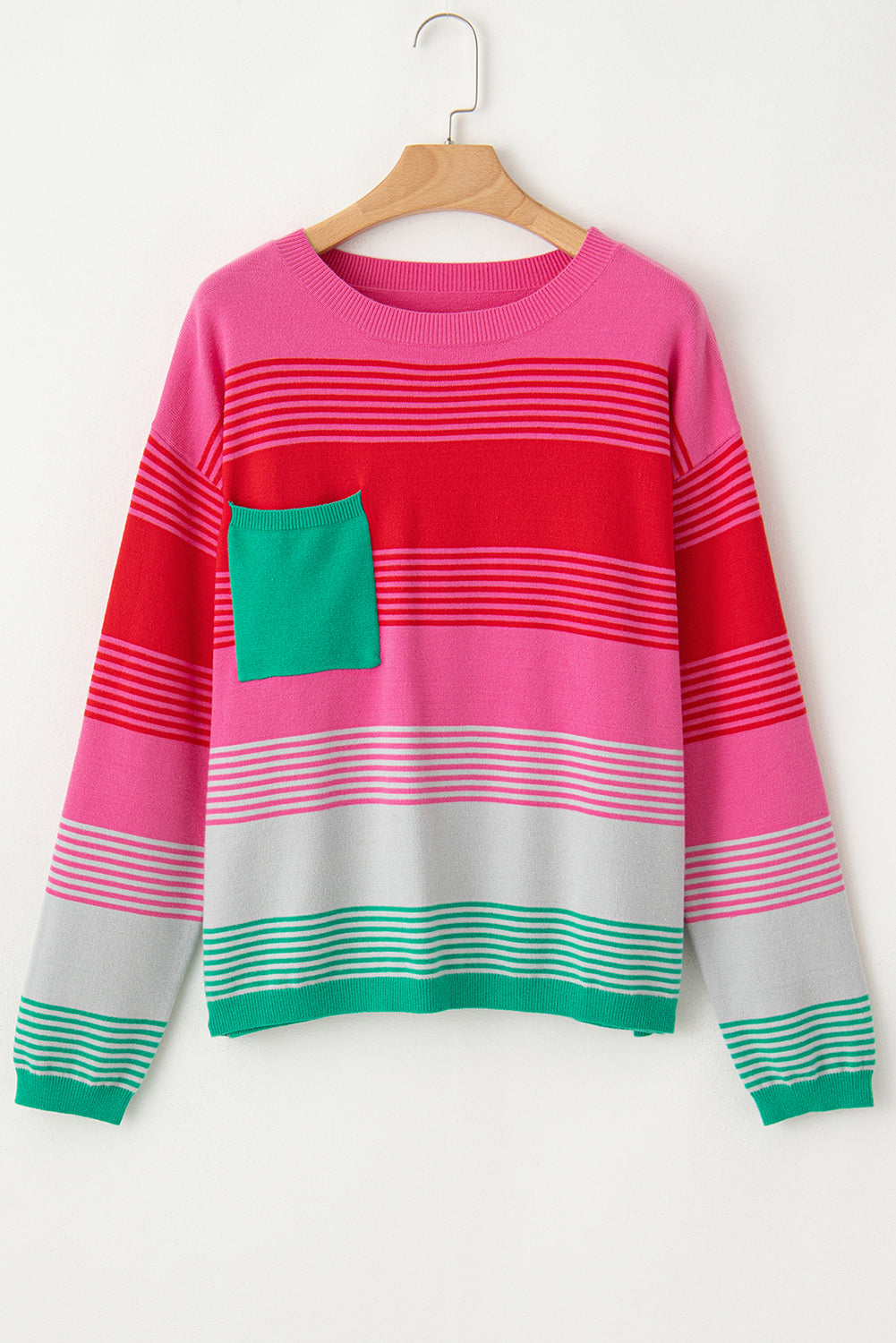 Pink Red Green Striped Drop Shoulder Knit Sweater