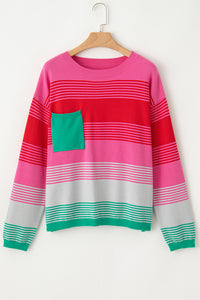 Pink Red Green Striped Drop Shoulder Knit Sweater