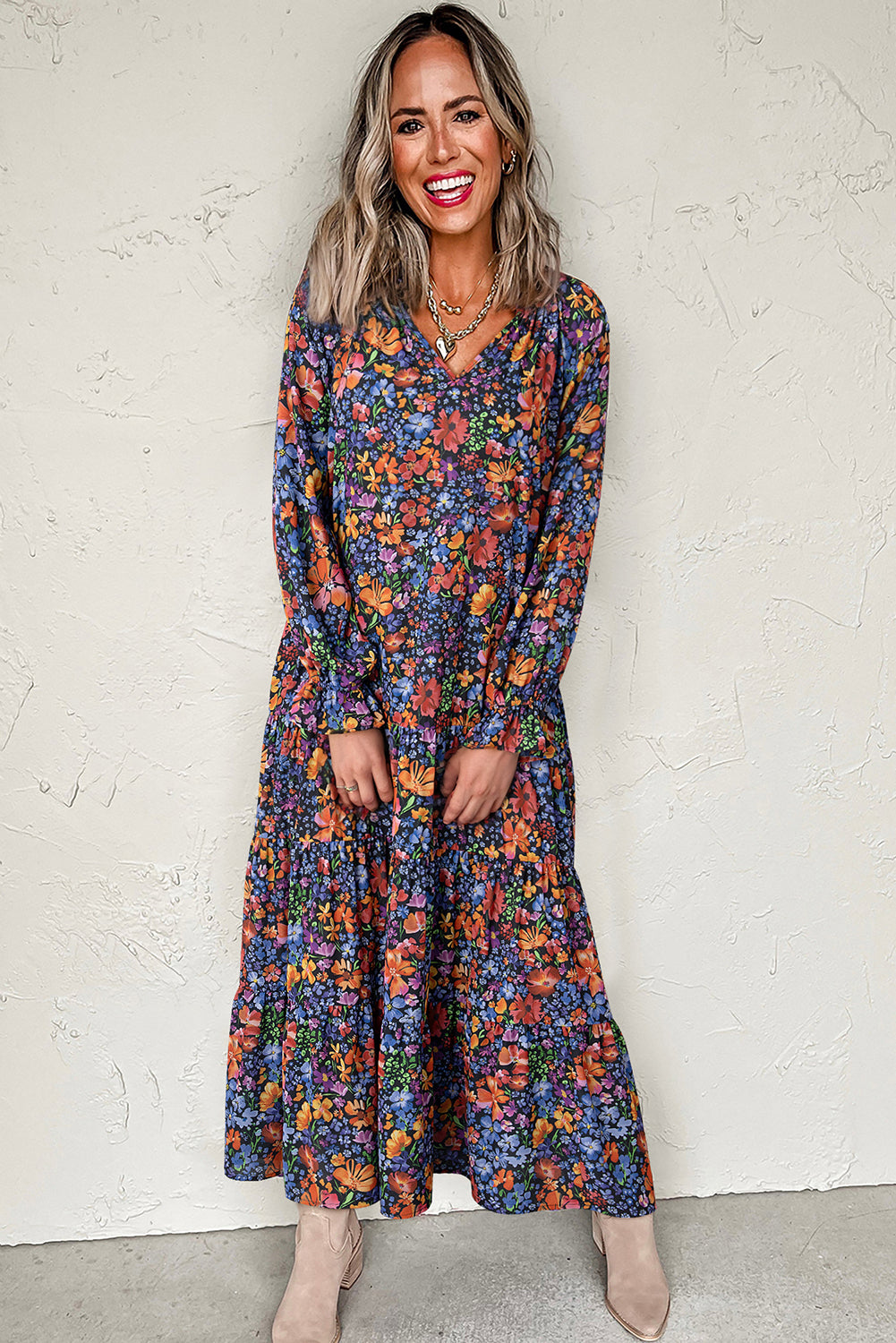 Blue Fall Floral V-Neck Drop Waist Midi Dress