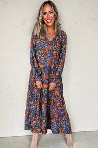 Blue Fall Floral V-Neck Drop Waist Midi Dress
