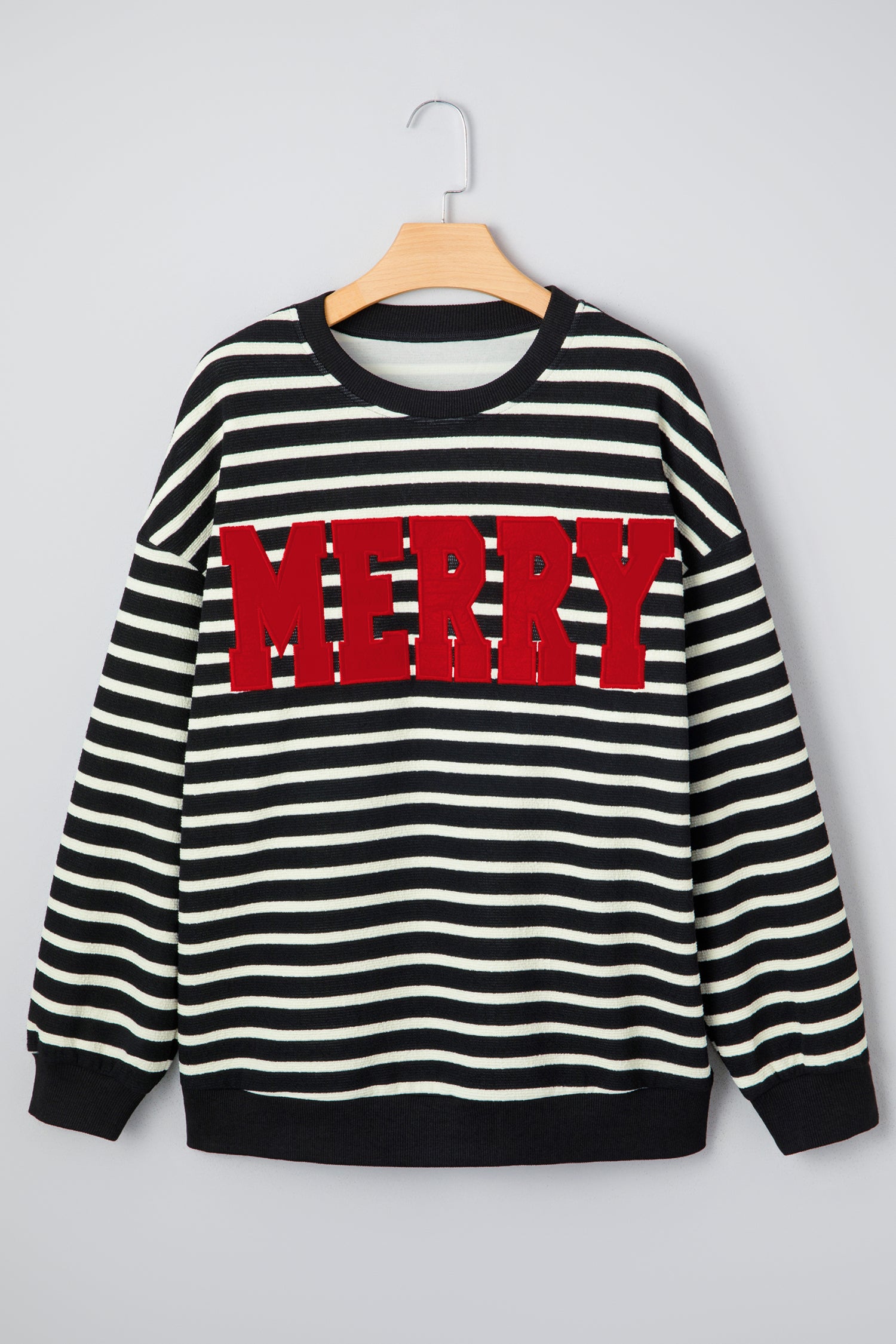 Black Stripe Red MERRY Appliqué Christmas Drop Shoulder Sweatshirt