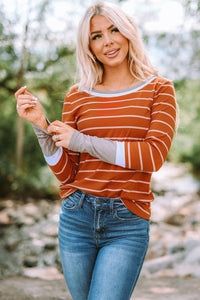 Rust Striped Color Block Long Sleeve  Rib Knit Shirt