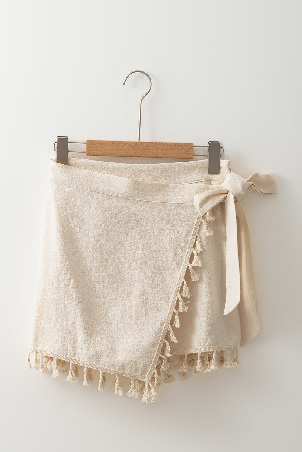 Light Khaki Tasseled Wrap Over Tied Bohemian Style Mini Skort