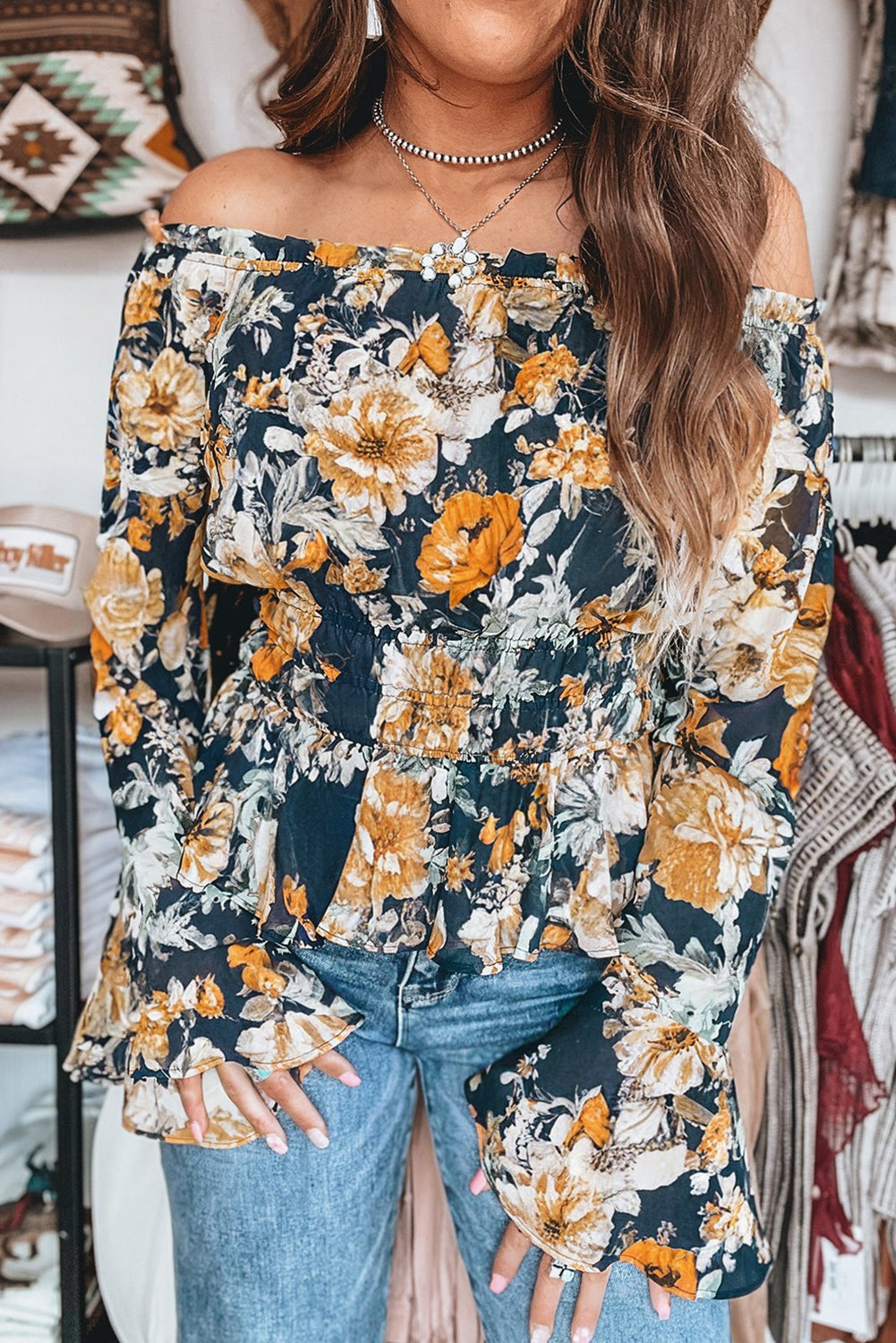 Navy and Orange Floral Off Shoulder Bell Sleeve Smocked Peplum Blouse