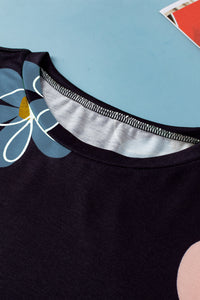 Black and Pastel Summer Flower Print Casual Round Neck T Shirt