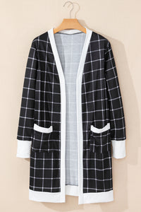 Black Window Pane Plaid Open Knit Cardigan with Pockets