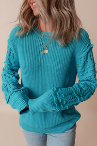 Turquoise Eyelet Bubble Sleeve Knit Sweater