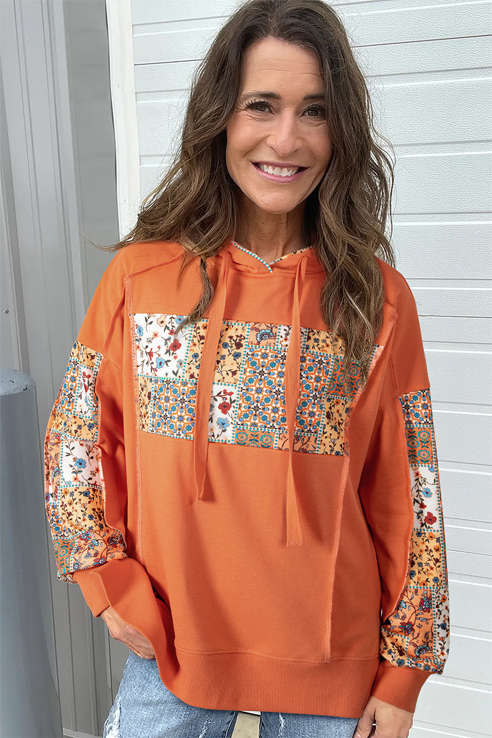 Orange Fall Floral Patchwork Exposed Seams Drawstring Hoodie