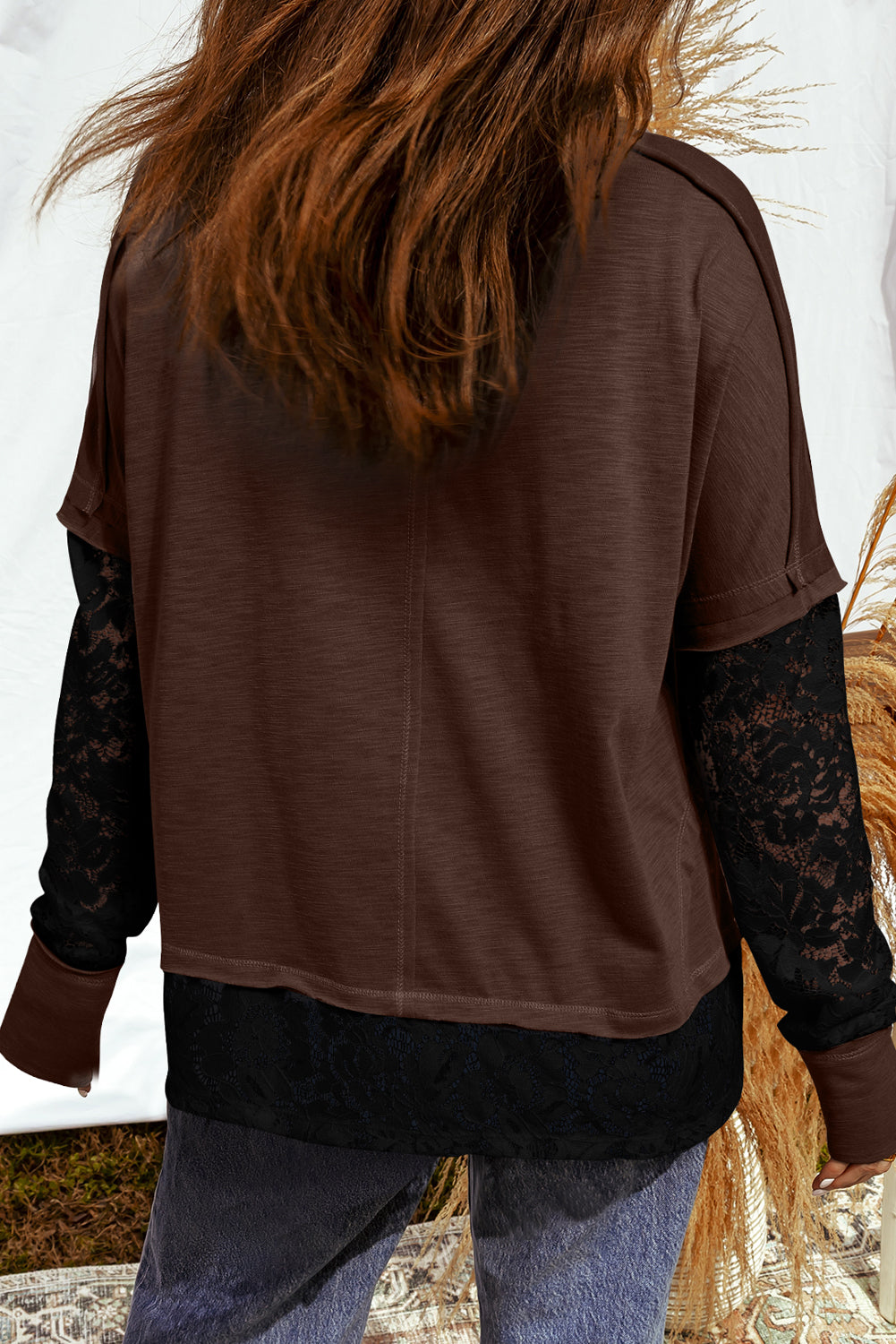 Dark Brown & Black Lace Long Sleeve Exposed Seam Oversized Shirt