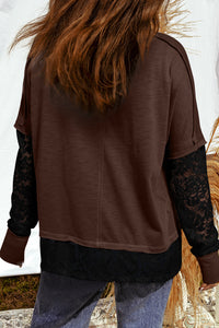 Dark Brown & Black Lace Long Sleeve Exposed Seam Oversized Shirt
