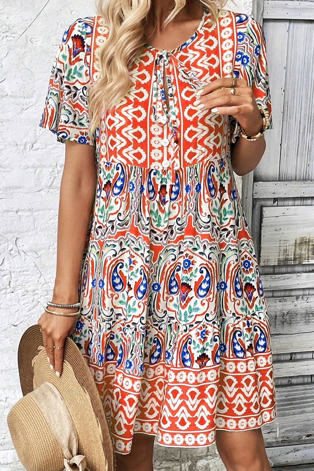 Orange Bohemian Print Tie Neck Ruffled Mini Dress