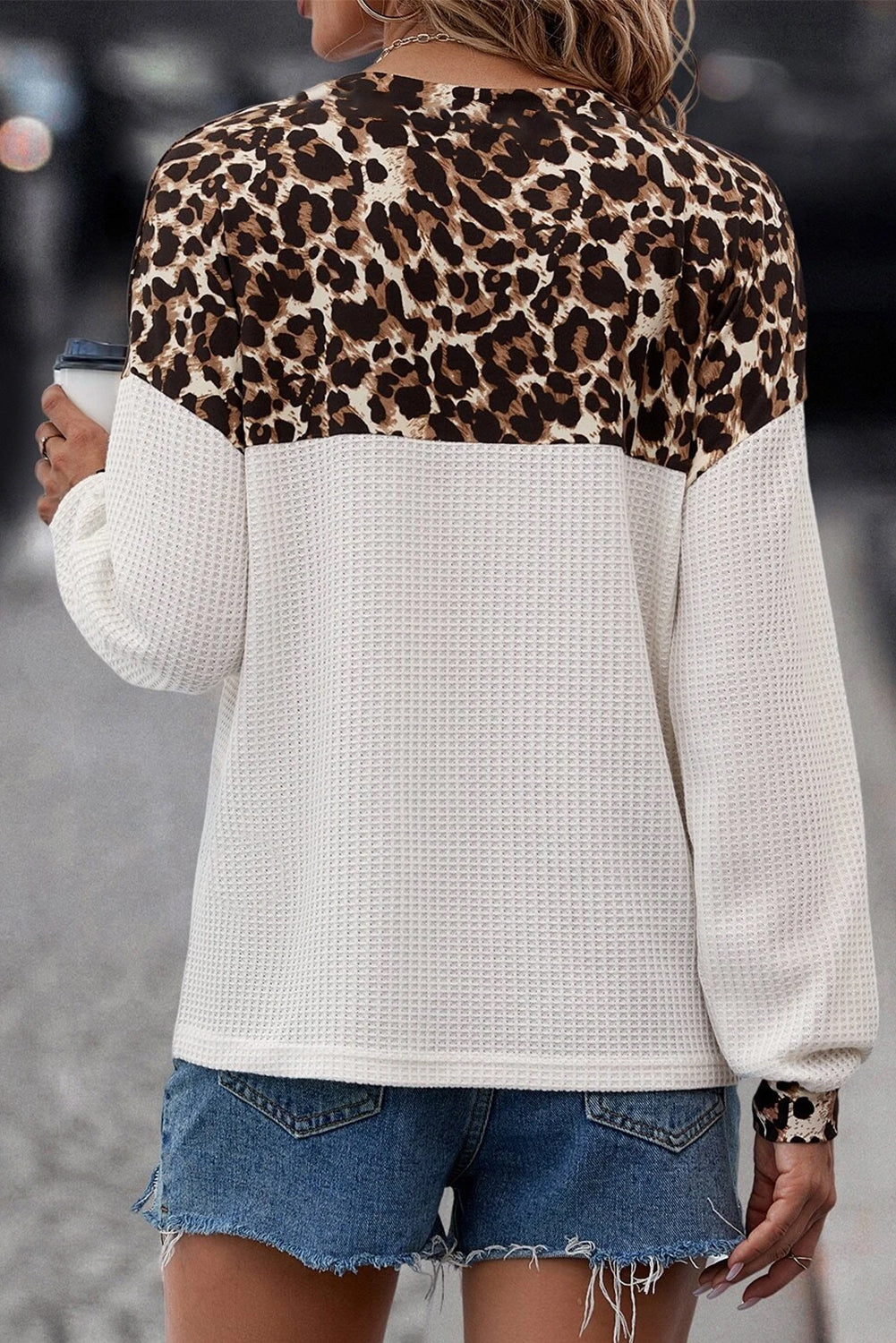 White Waffle Knit Leopard Print Color Block V-Neck Top